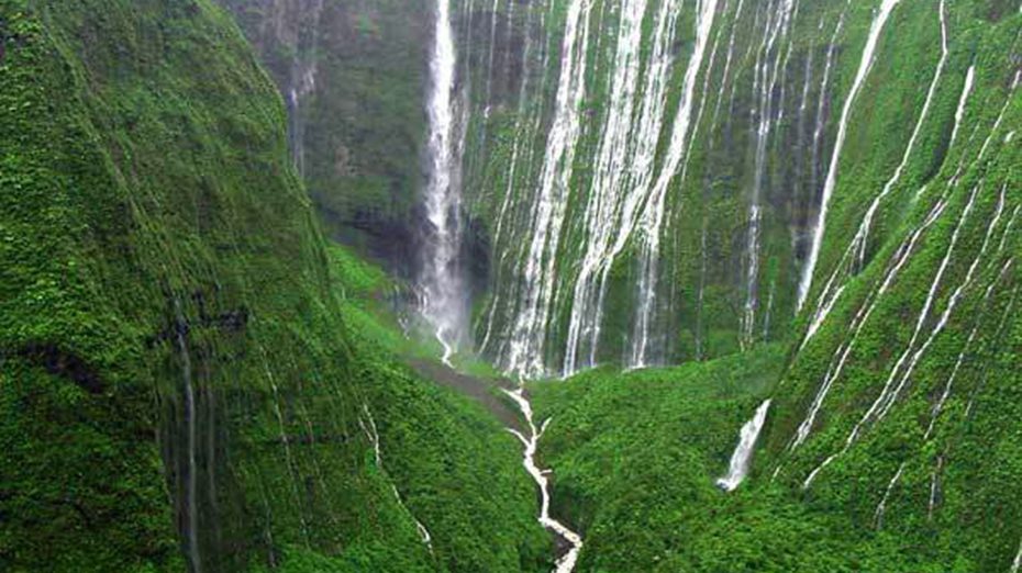Waialeale Waterfalls Kauai a waterfall with trees in the background