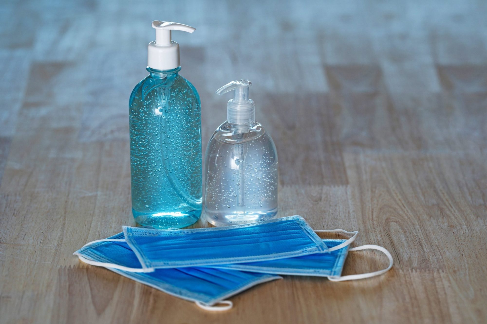 Coronavirus supplies a plastic bottle on a table
