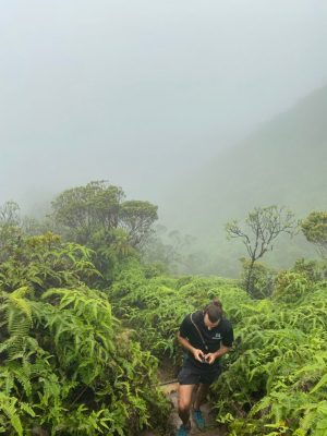 a man standing next to a forest