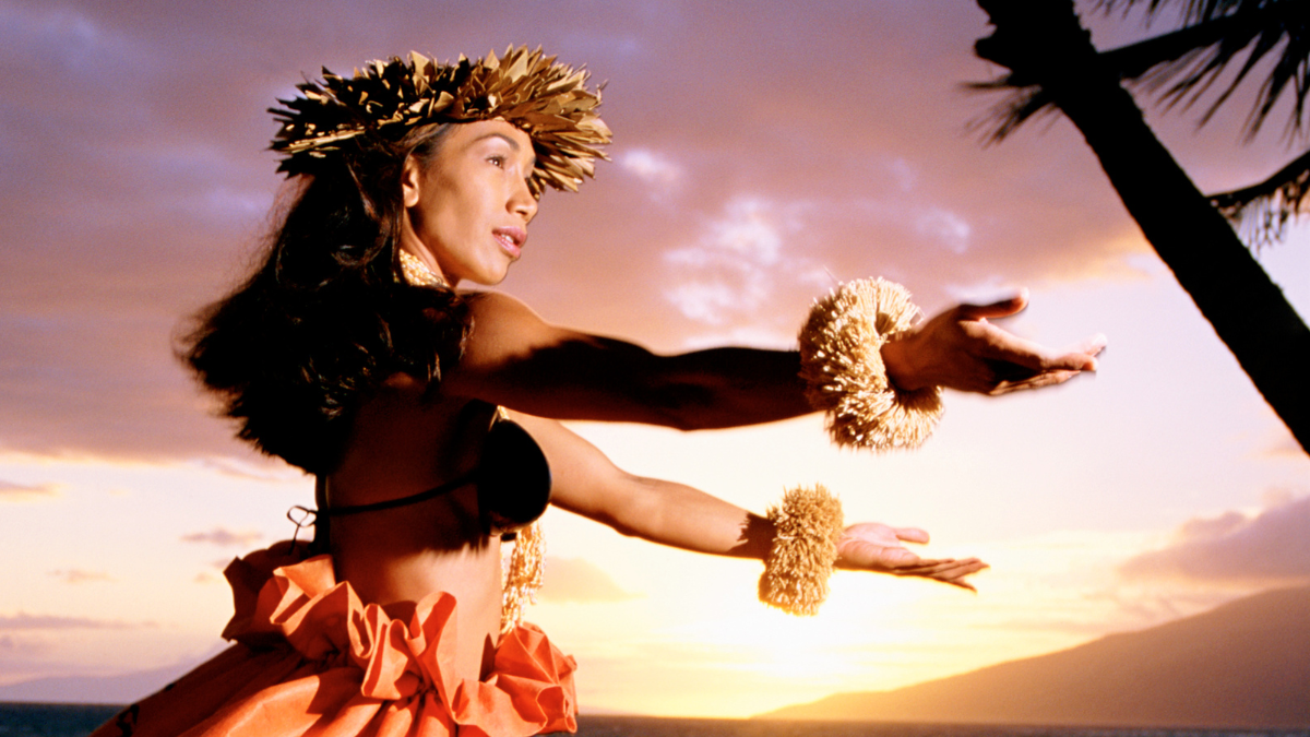 Hula shows on Kauai a person with long hair and a sunset in the background