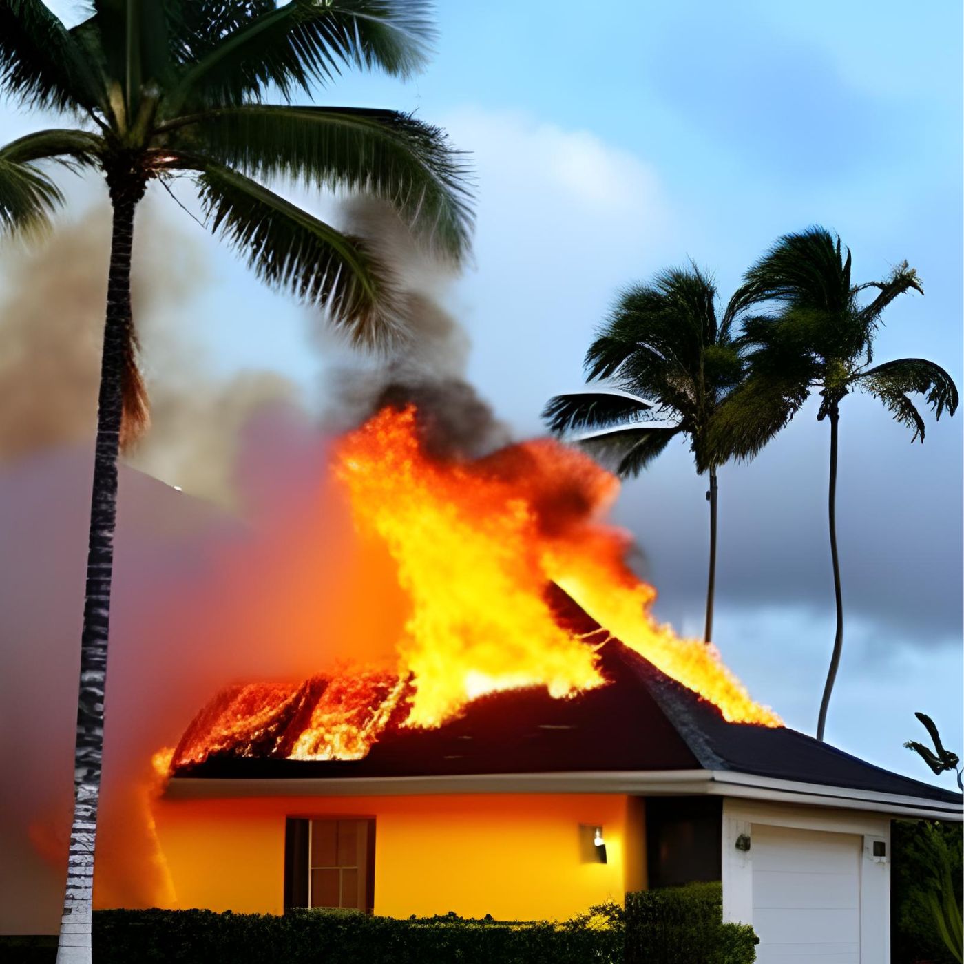 Lahaina Fire Burning House a palm tree in front of a fire
