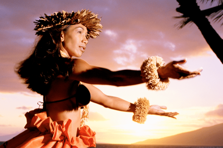 a person with long hair and a sunset in the background