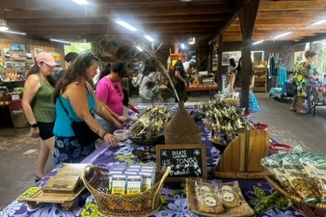 a group of people sitting at a table in front of a store