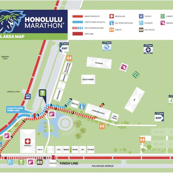 Map of Honolulu Marathon festival area with routes, tents, and amenities labeled.