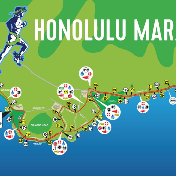 Map of Honolulu Marathon route with start and finish points, water stations, and mile markers.