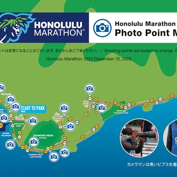 Map displaying photo points for the 2023 Honolulu Marathon route along coastal areas.
