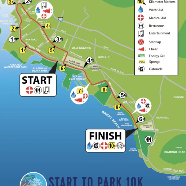 Route map of Honolulu Marathon Start to Park 10K with markers for aid stations and amenities.