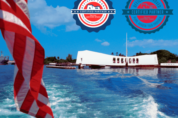 View of Pearl Harbor Memorial with American flag and certification badges in sky.