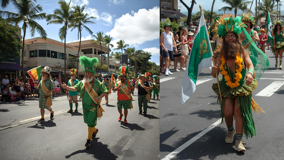 People in green costumes parade on a sunny street lined with palm trees.